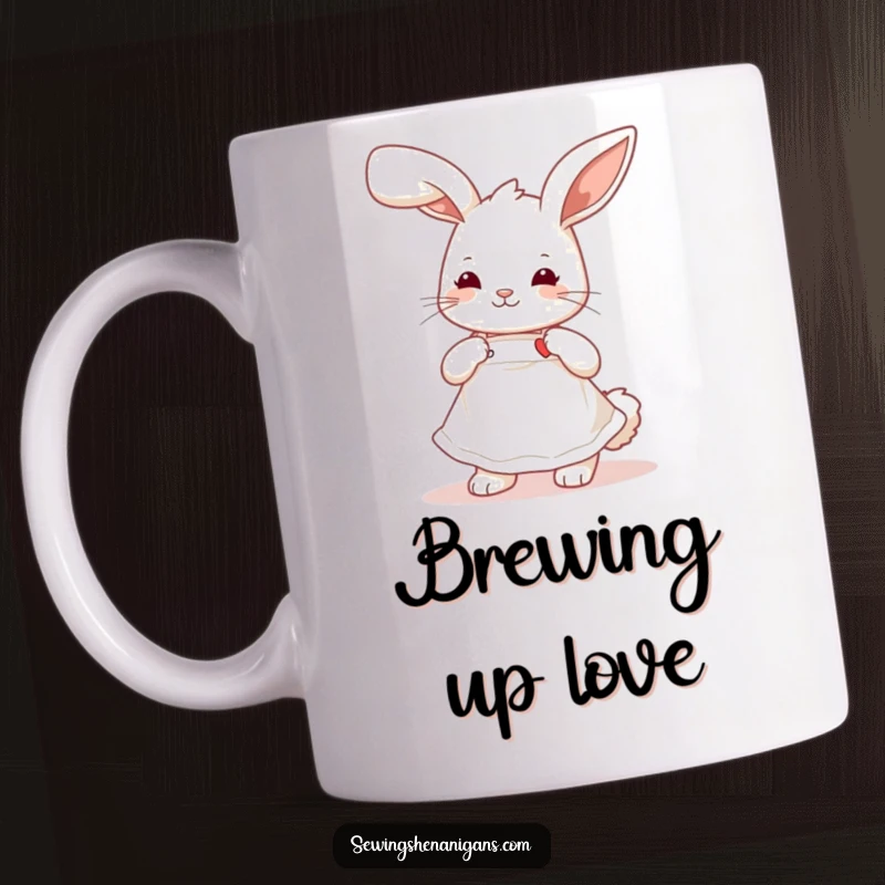 Funny playful bunny wearing a cute apron, stitching a tiny heart, a delightful and humorous mug for crafters.