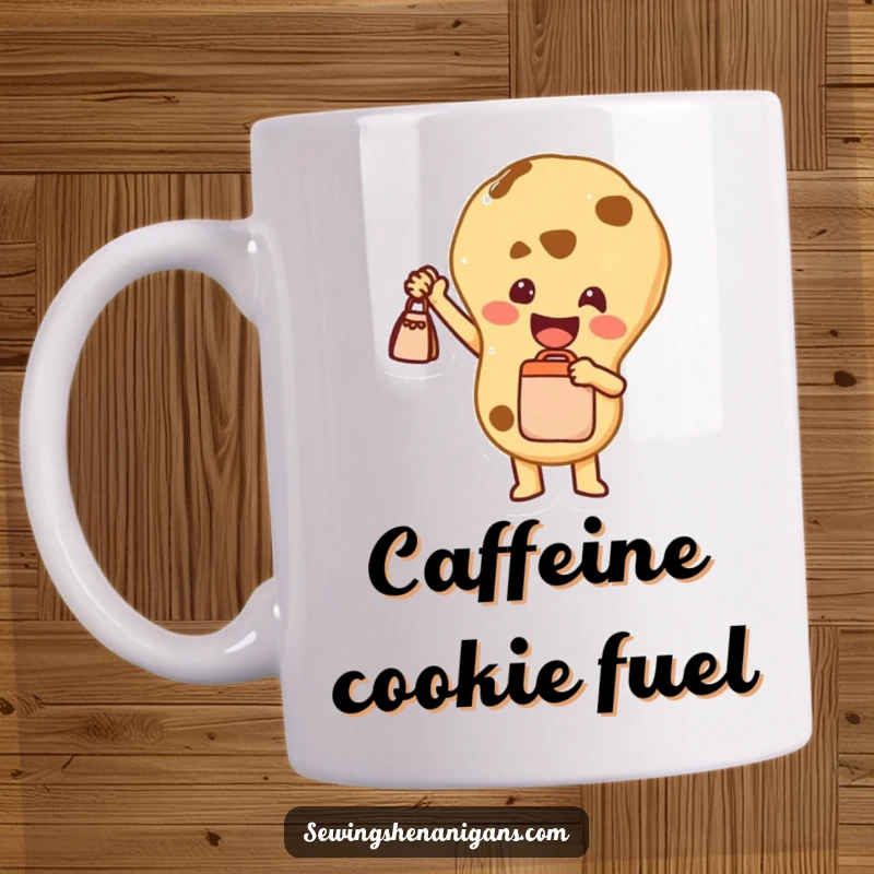 Funny Mug: A happy cookie character proudly holding up a tiny bag, radiating joy and celebrating small achievements.