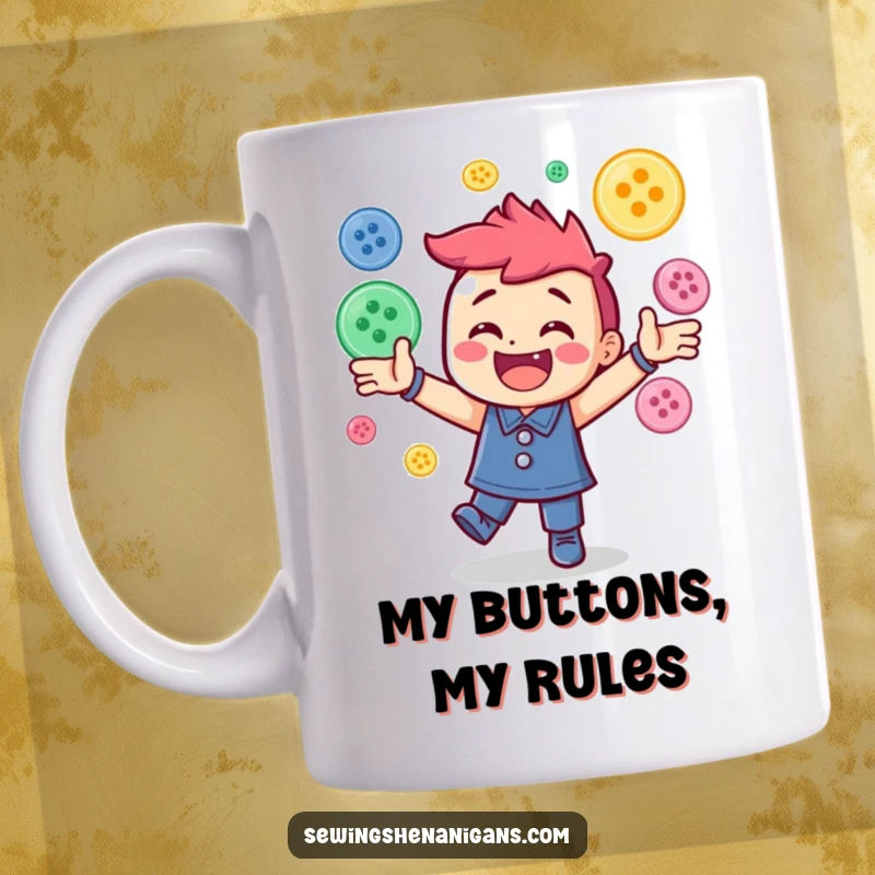 Funny mug featuring a cheerful character energetically juggling a pile of colorful sewing buttons, a playful and humorous scene.