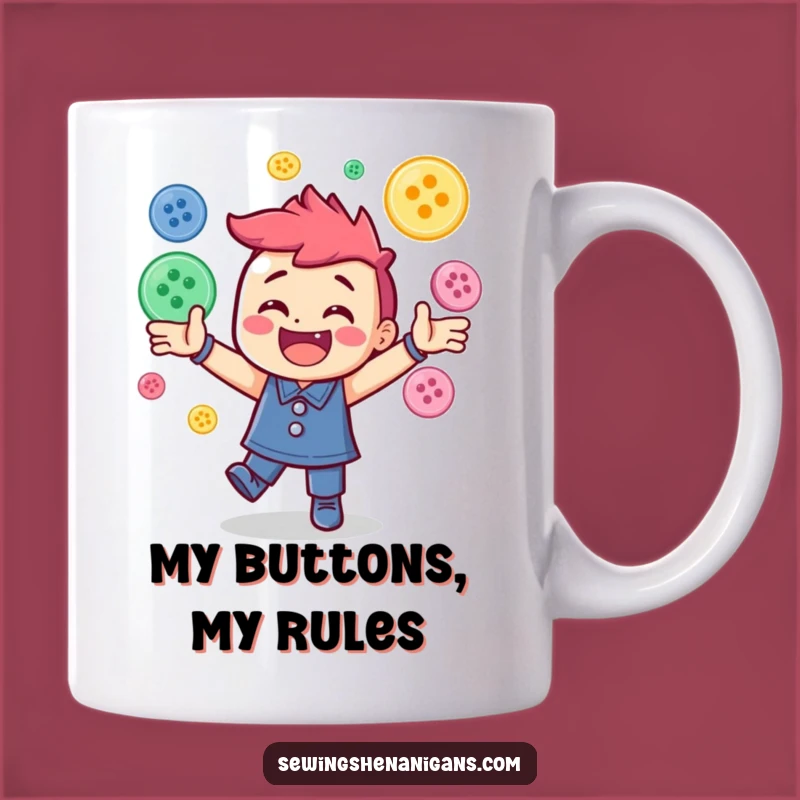 Funny Button Juggling Mug: Cheerful Character Sewing Gift for Crafters