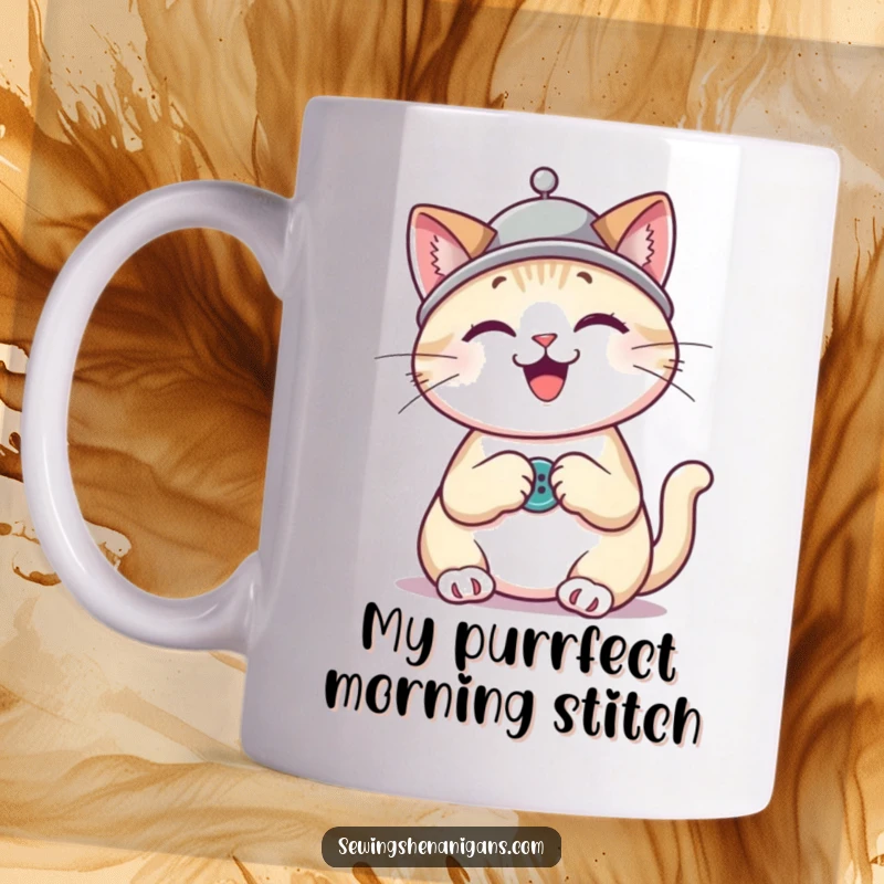 Funny cat wearing a thimble hat sewing enthusiastically, a delightful and humorous image for craft lovers.