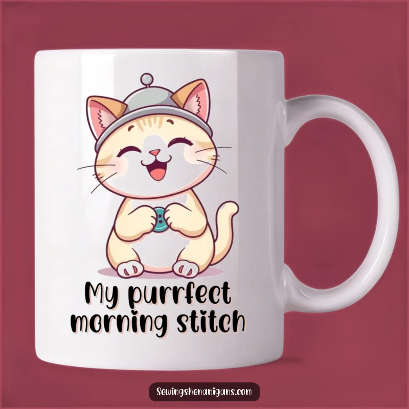 Funny Cat Sewing Gift Mug: Happy Kitty with Thimble Hat, Perfect for Crafty Cat Lovers
