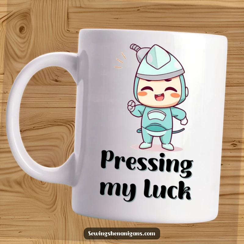 Funny mug with a determined iron character joyfully smoothing out wrinkles, symbolizing order and efficiency.