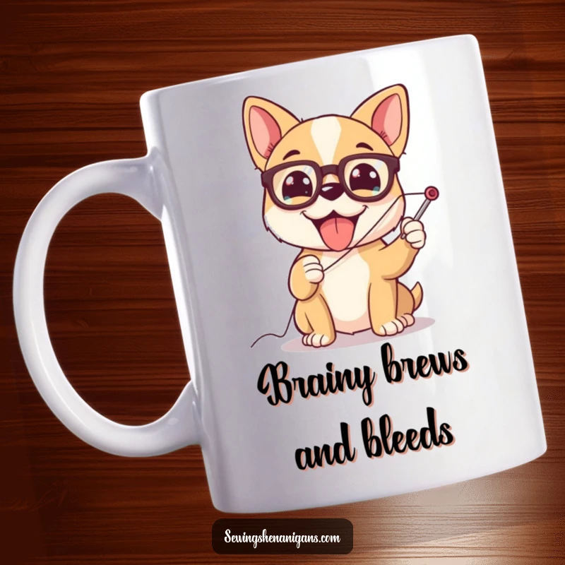 Funny dog wearing glasses, hilariously struggling to thread a giant needle, a comical mug for crafters.