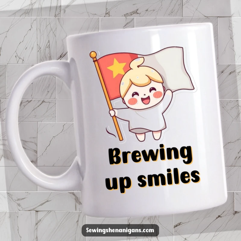 Funny mug featuring a cheerful character sewing a smiling face onto a waving flag, symbolizing happiness and positivity.