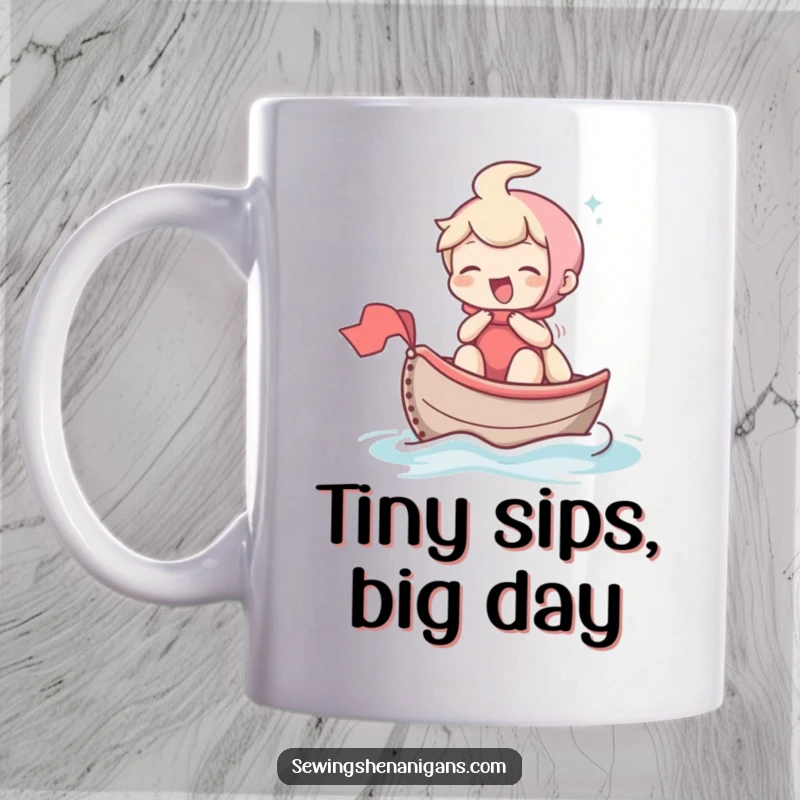 Funny mug showing a laughing character joyfully sailing a thimble like a tiny boat across a fabric surface, embodying playful escapism.