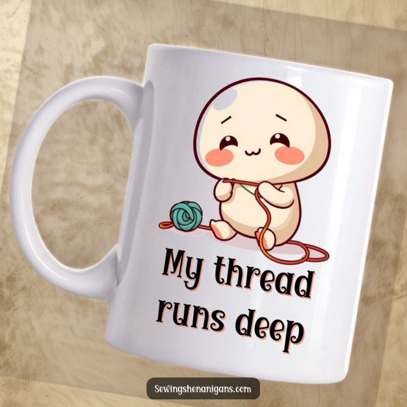 Funny mug with a giggling needle character joyfully threading colorful string, showcasing a whimsical and creative personality.