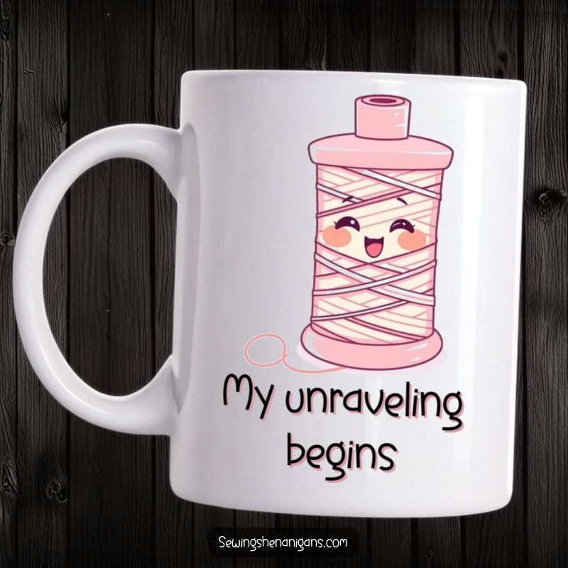 Funny Mug: A spool of thread hilariously giggles uncontrollably while unraveling, showcasing pure sewing amusement.