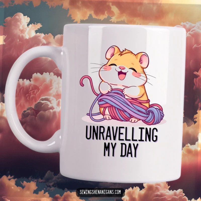 Funny giggling hamster tangled in yarn, happily unravelling it, a comical mug for knitting enthusiasts.