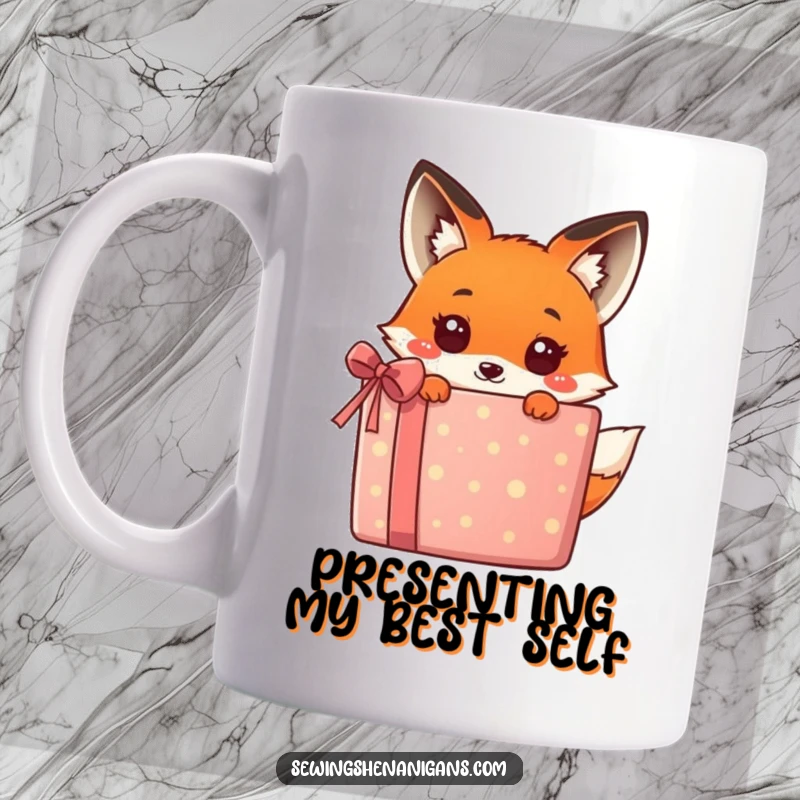 Funny kawaii fox peeking out from behind a giant, vibrant gift box, looking mischievous on this mug, perfect for gifting.