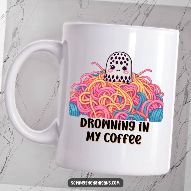 Funny Mug: A cute thimble is comically lost in a gigantic pile of colorful yarn, a relatable sewing mishap.