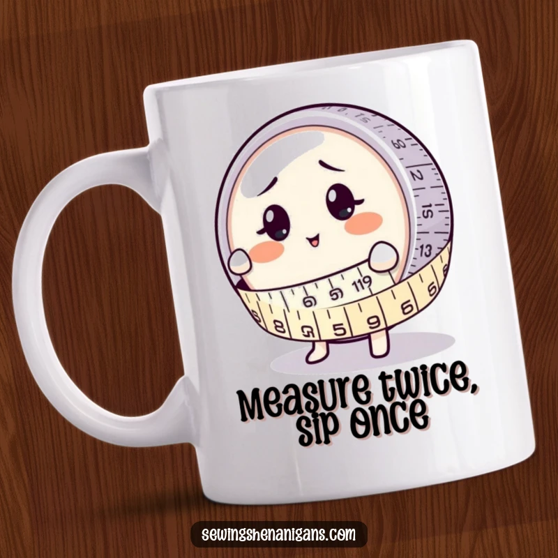 Funny Mug: A round measuring tape character humorously embracing a confused button, perfect for sewing enthusiasts.