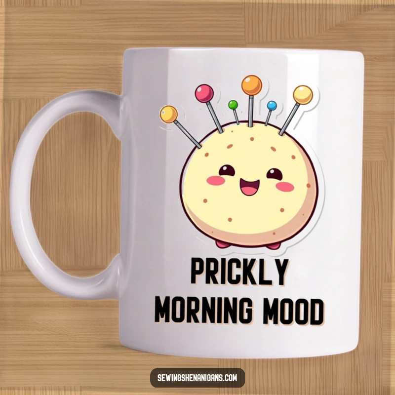 Funny mug featuring a happy pin cushion character with colorful pins sticking out playfully, symbolizing creativity and organization.