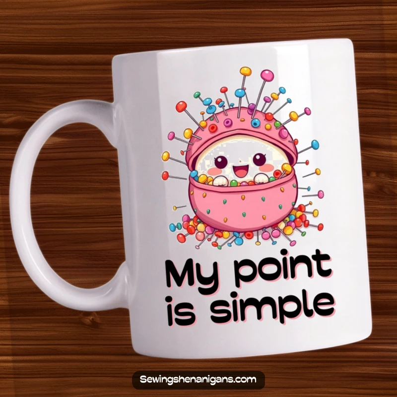 Funny Pincushion Mug design showing a lively pincushion character bursting with colorful pins, perfect for a cheerful tea or coffee break.