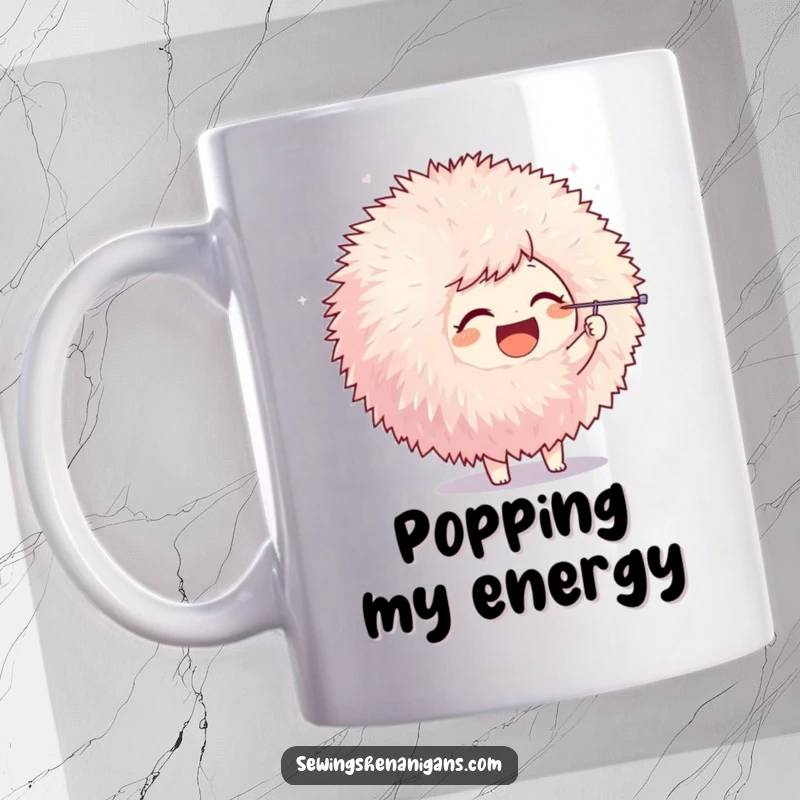 Funny mug featuring a joyful character playfully poking a large pom-pom with a sewing needle, conveying curiosity and fun.