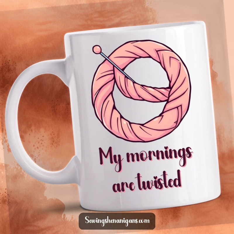 Funny Mug: Determined thread bends a needle into a pretzel shape, showcasing creative struggle and humor.