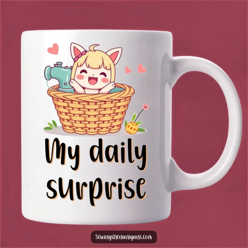 Funny Sewing Basket Mug: Joyful Character Pops Out for a Hilarious Gift!
