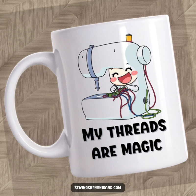 Funny sewing machine mug with a delighted character enthusiastically stitching colorful threads, ideal for crafters and sewing gift seekers.