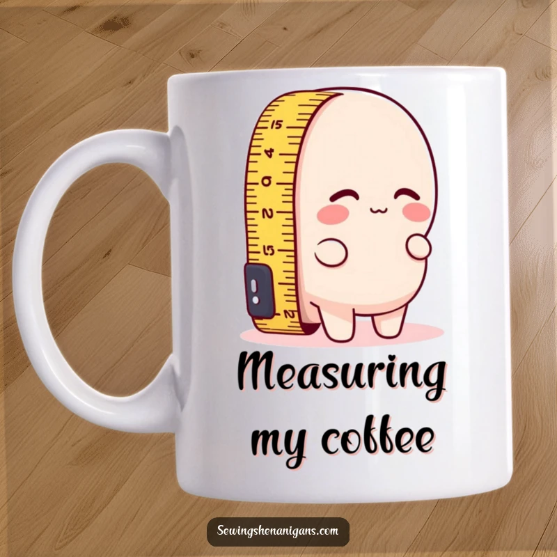 Funny mug showing a measuring tape comically trying to measure its own short length, expressing a humorous sense of inadequacy.