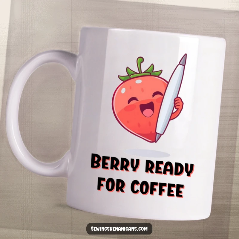 Funny Strawberry Needle Mug: A happy strawberry character holdin a giant needle with excitement, perfect for a funny and quirky gift.
