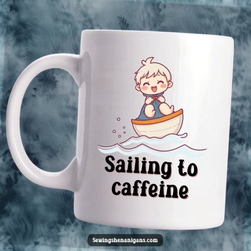 Funny mug of a giggling cartoon character sailing a thimble like a tiny boat across a fabric sea, conveying pure joy.