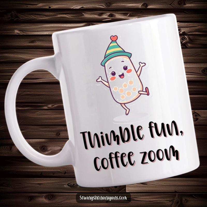 Funny thimble character mug wearing a tiny hat, performing a cartwheel, ideal for crafters and as a whimsical funny gift.