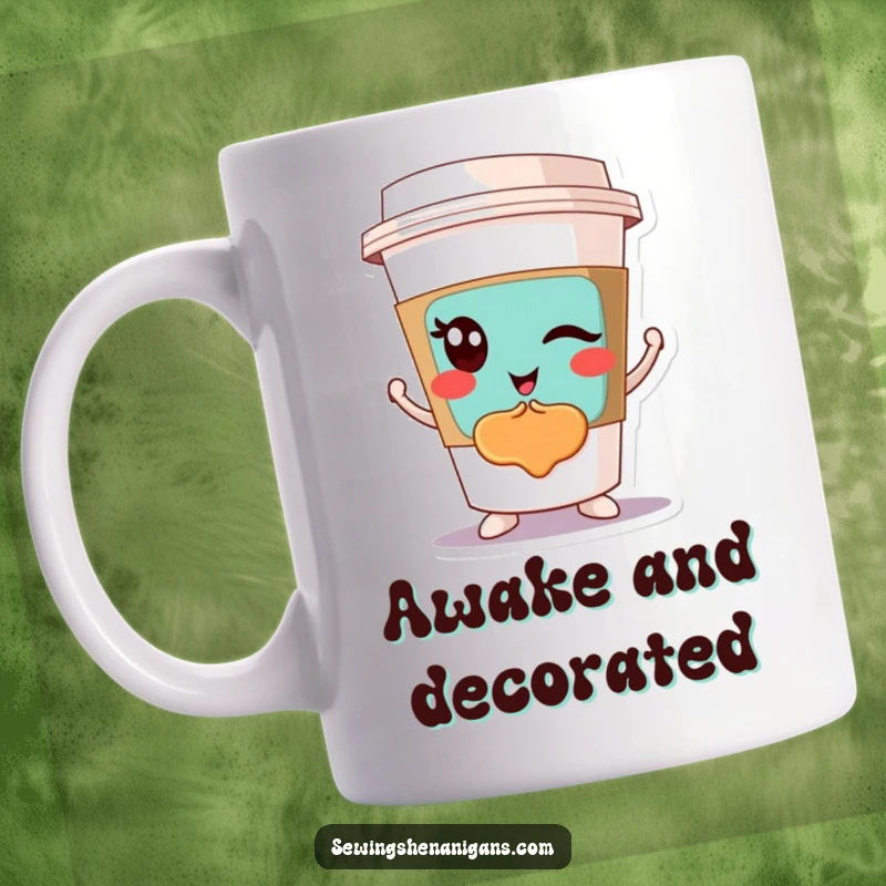 Funny Winking Coffee Cup Mug: A winking coffee cup character proudly shows off a colorful patch, perfect for a funny gift.