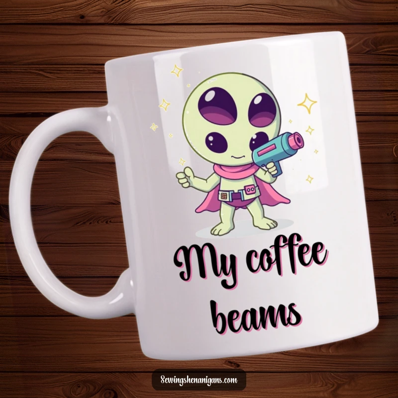 Funny kawaii alien waving a ray gun that shoots colorful sparkles, looking friendly on this mug, perfect for gifting.