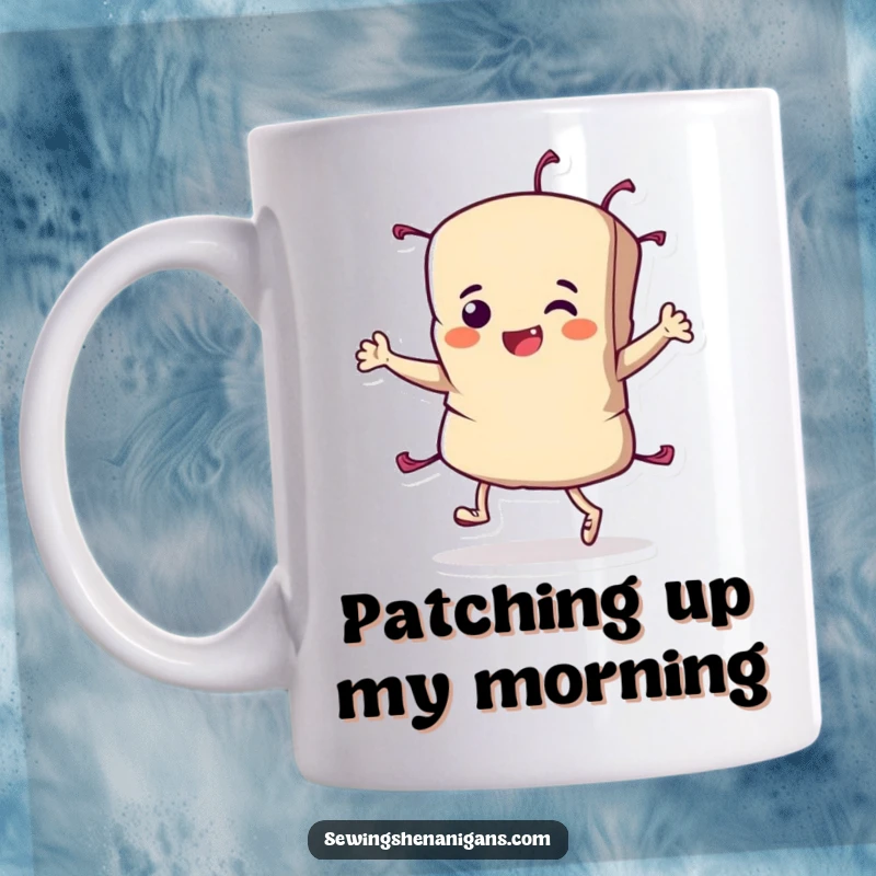 Funny Fabric Scrap Mug showing a resilient character doing a triumphant jig, celebrating sewing success with infectious energy.