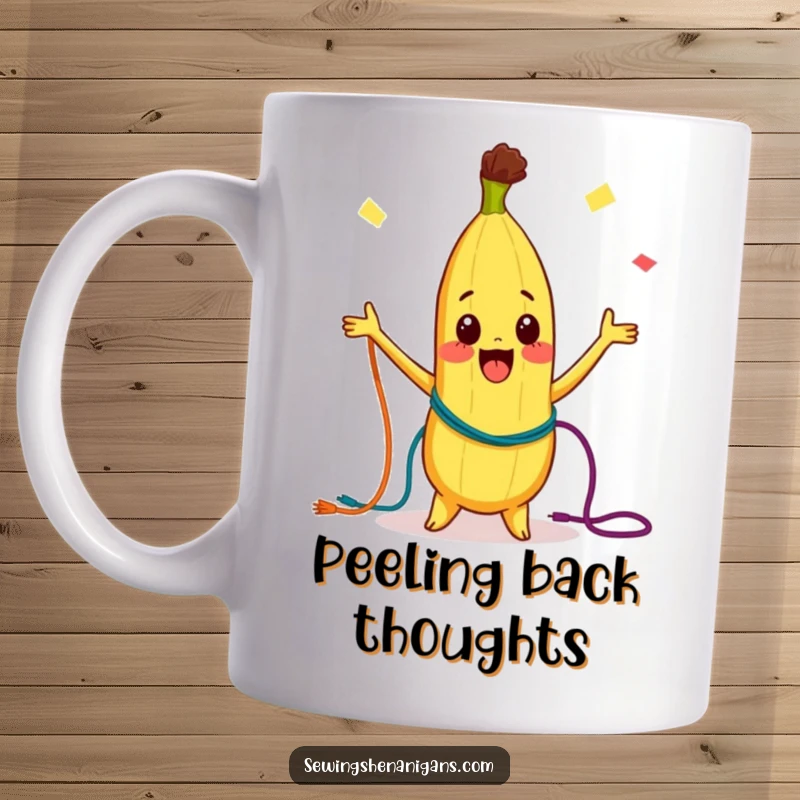 Funny Mug: A curious banana character joyfully juggling colorful threads, embodying playful energy and whimsical multitasking.