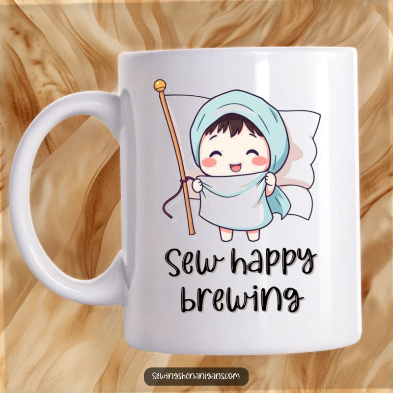 Funny mug showing a happy character sewing a smiling face onto a waving flag, celebrating joy and patriotism.