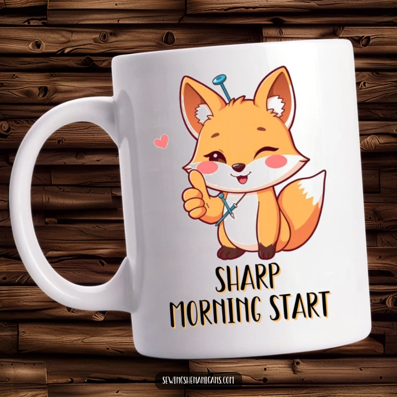 Funny happy fox with a sewing pin in its fur, giving a thumbs up, looking pleased, on a mug, a cute funny gift.