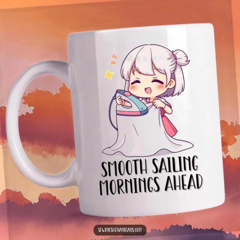 Funny mug featuring a character joyfully ironing a crinkled piece of fabric with extreme enthusiasm, perfect for laundry day humor.