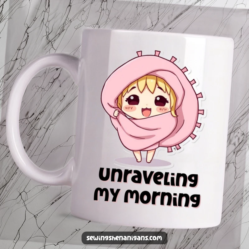 Funny mug with a curious fabric swatch character excitedly unfurling, representing exploration and creativity.