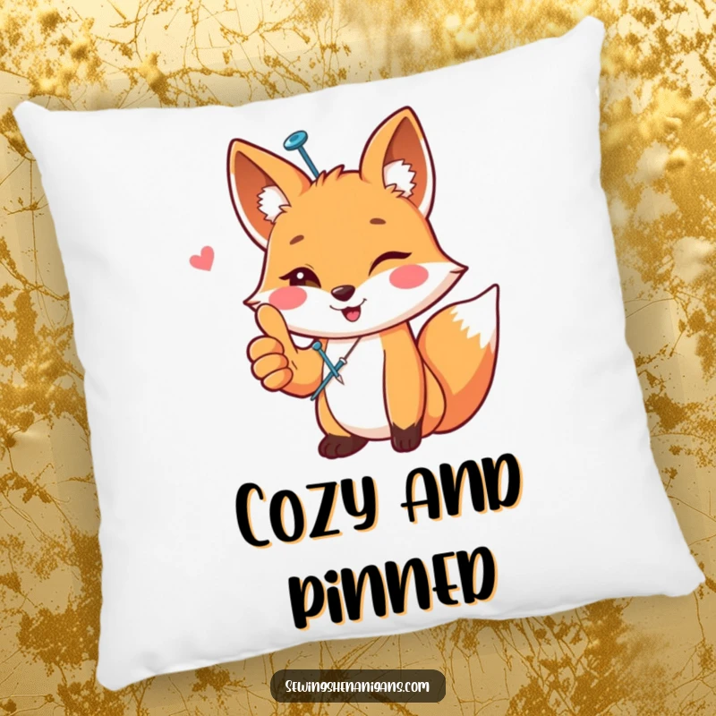 Funny happy fox wearing a sewing pin, giving a thumbs up, depicted on a soft and funny pillow, a comfortable funny gift.