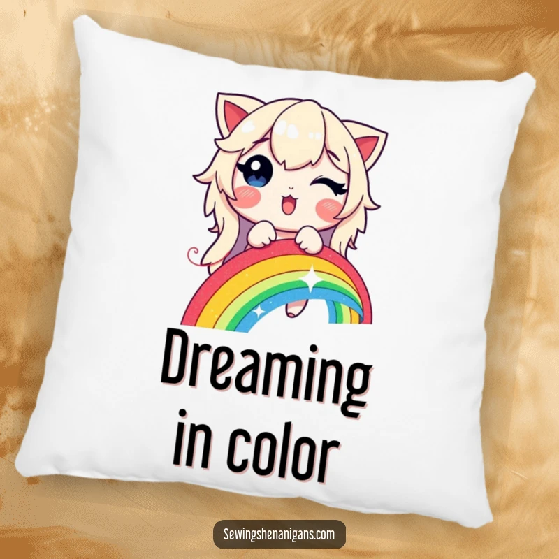 Funny, soft pillow featuring a delighted character stitching a vibrant, glowing rainbow with a shimmering thread.