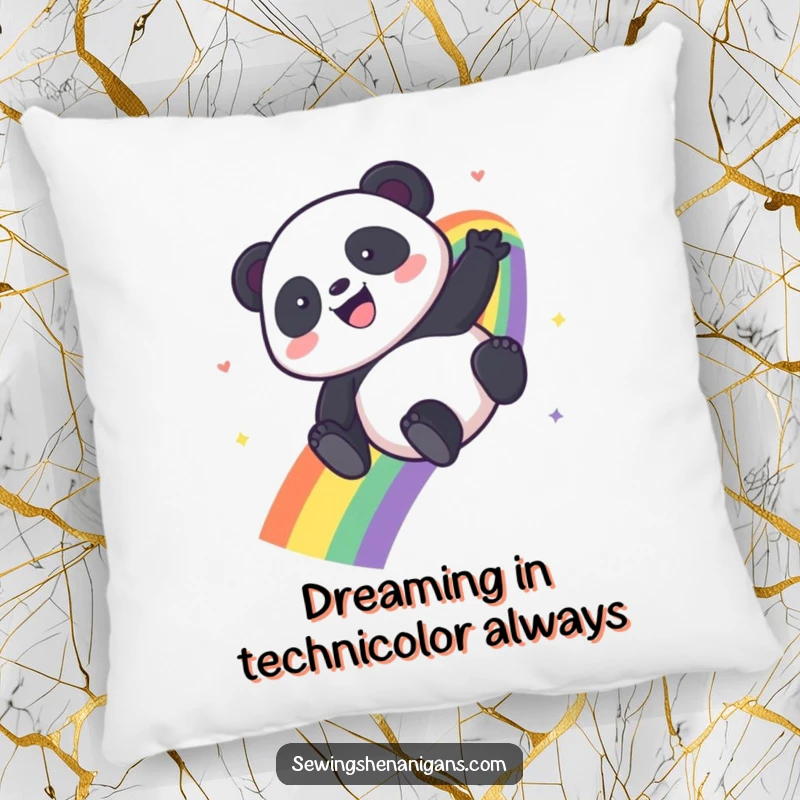 Funny Kawaii Panda pillow featuring a panda sliding down a rainbow, offering comfort and a splash of happy color.