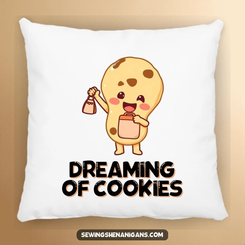 Funny Pillow: A happy cookie character proudly holding a tiny bag, offering soft comfort and a touch of sweet joy.