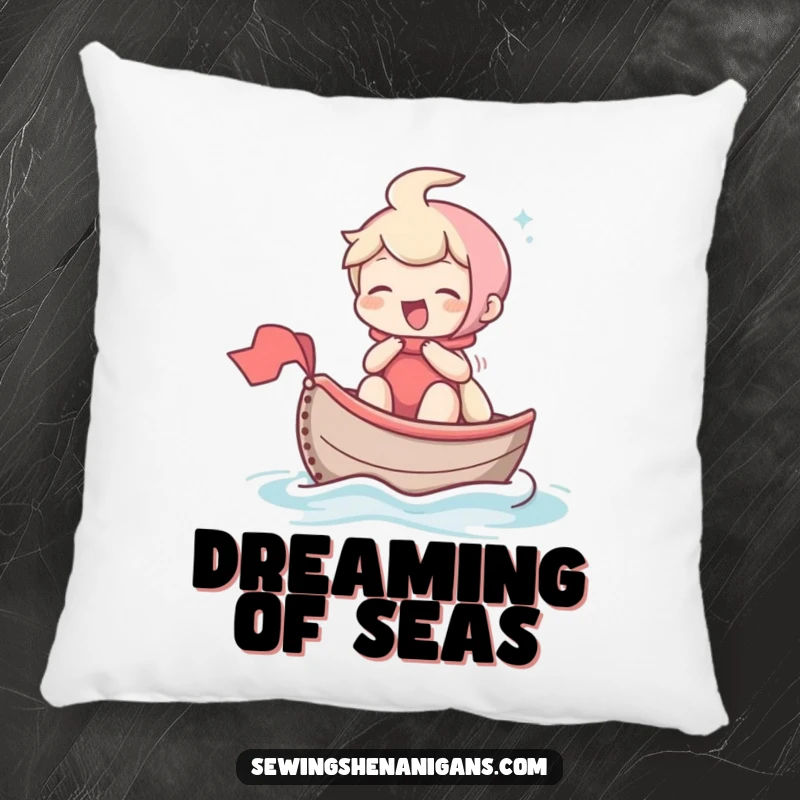 Funny decorative pillow with a giggling character sailing a thimble like a tiny boat, adding a touch of whimsical charm and comfort.