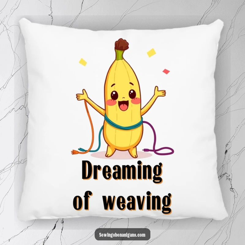 Funny Pillow: A curious banana character joyfully juggling colorful threads, offering soft comfort and a touch of whimsical fun.