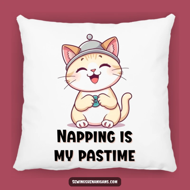 Funny Cat Sewing Pillow: Cozy Thimble Hat Kitty Cushion, Humorous Decor Gift for Crafters