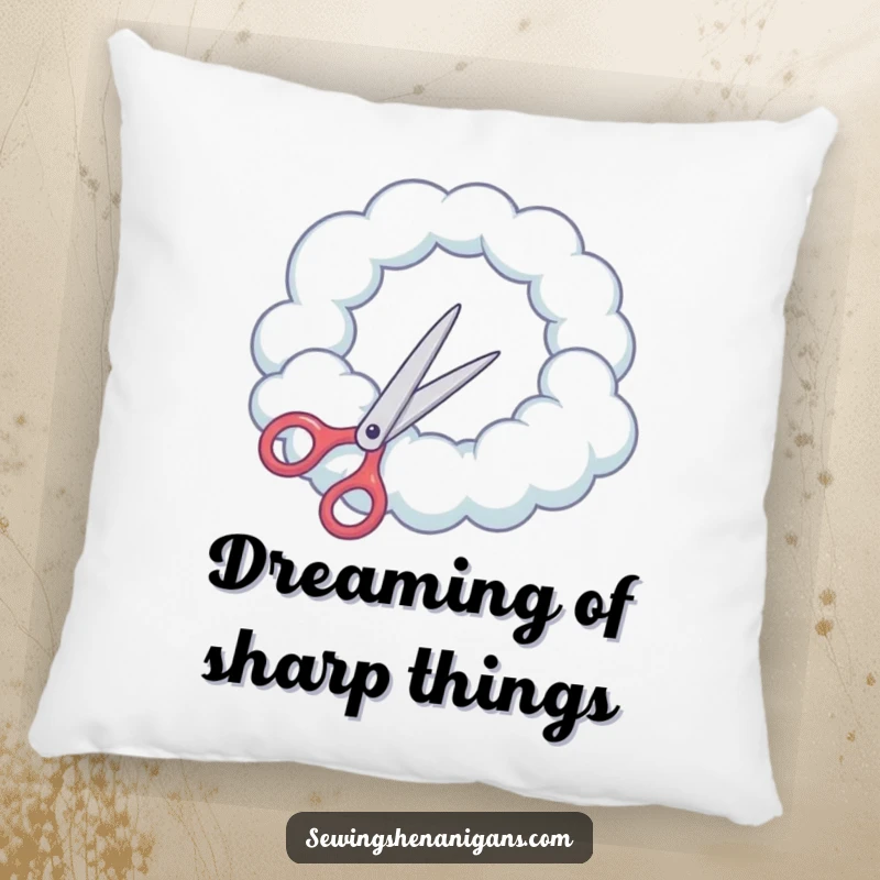 Funny Pillow: Scissors attempt to cut a round hole in a cloud, a soft and humorous decorative item.