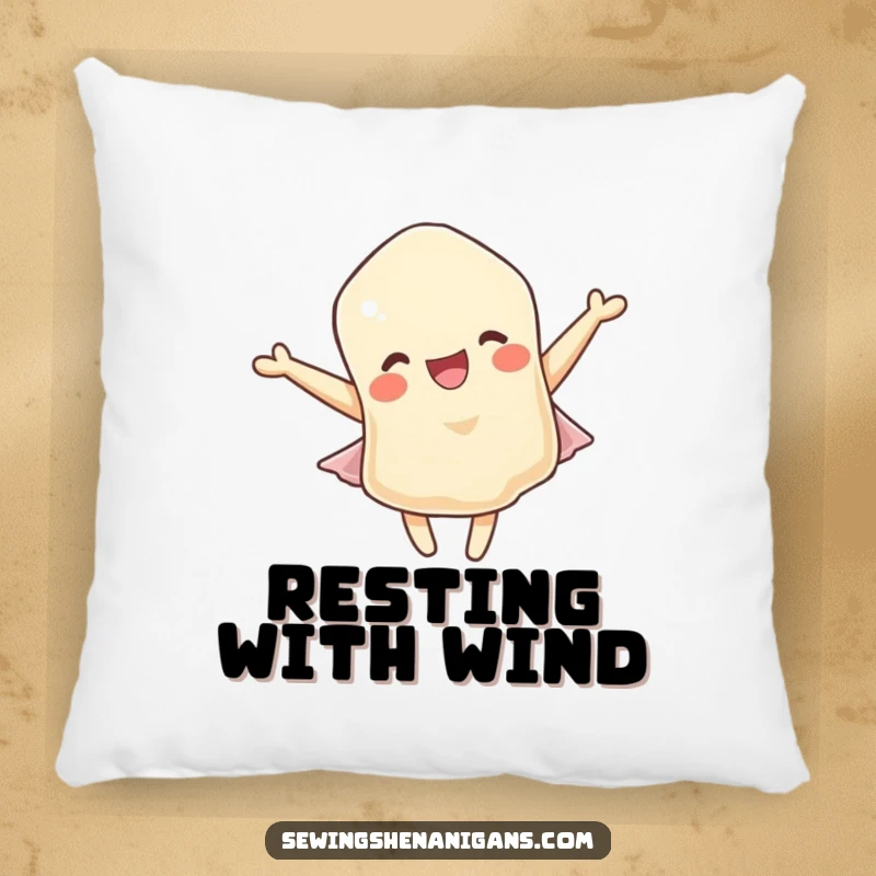 Funny pillow: A delighted fabric scrap character playfully fluttering in a gentle breeze, offering soft comfort and smiles.