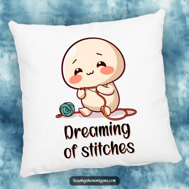 Funny pillow with a giggling needle character joyfully threading colorful string, offering whimsical comfort and decor.