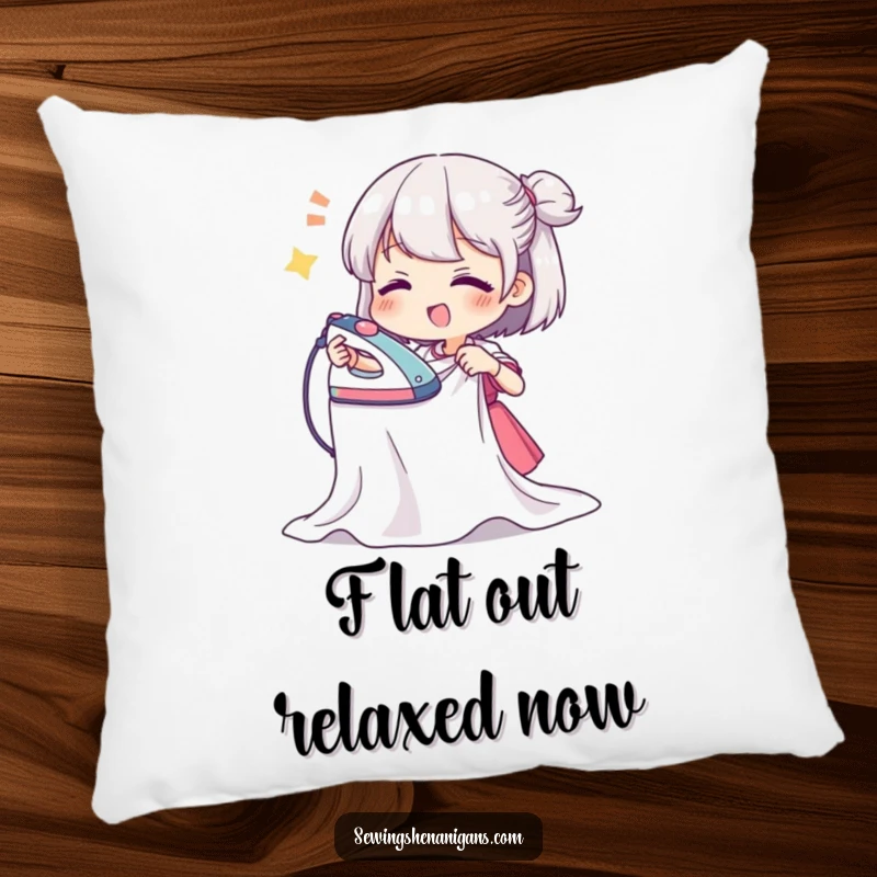 Funny pillow depicting a character enthusiastically ironing a wavy fabric surface, bringing humorous charm to any seating area or bed.
