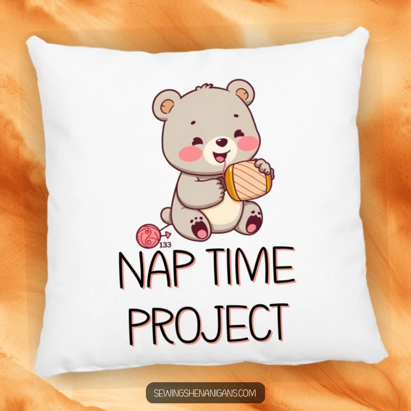 Funny jolly bear cub wearing a sewing thimble, hammering a spool, depicted on a soft and funny pillow, a comfortable funny gift.