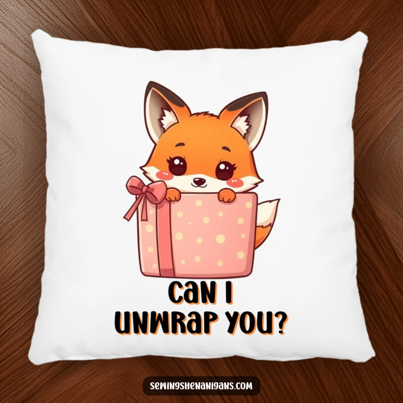 Funny kawaii fox peeking from behind a large, colorful present, a humorous and cuddly design on this pillow, great for comfort.