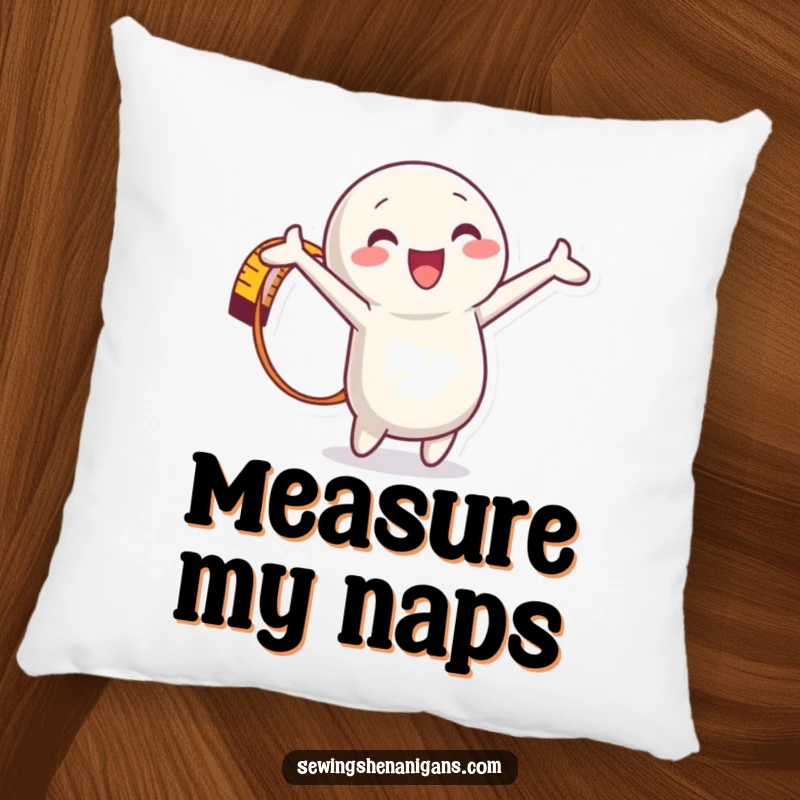 Funny Measuring Tape Pillow featuring a happy character fully stretched out, designed for comfort and a playful sewing theme.