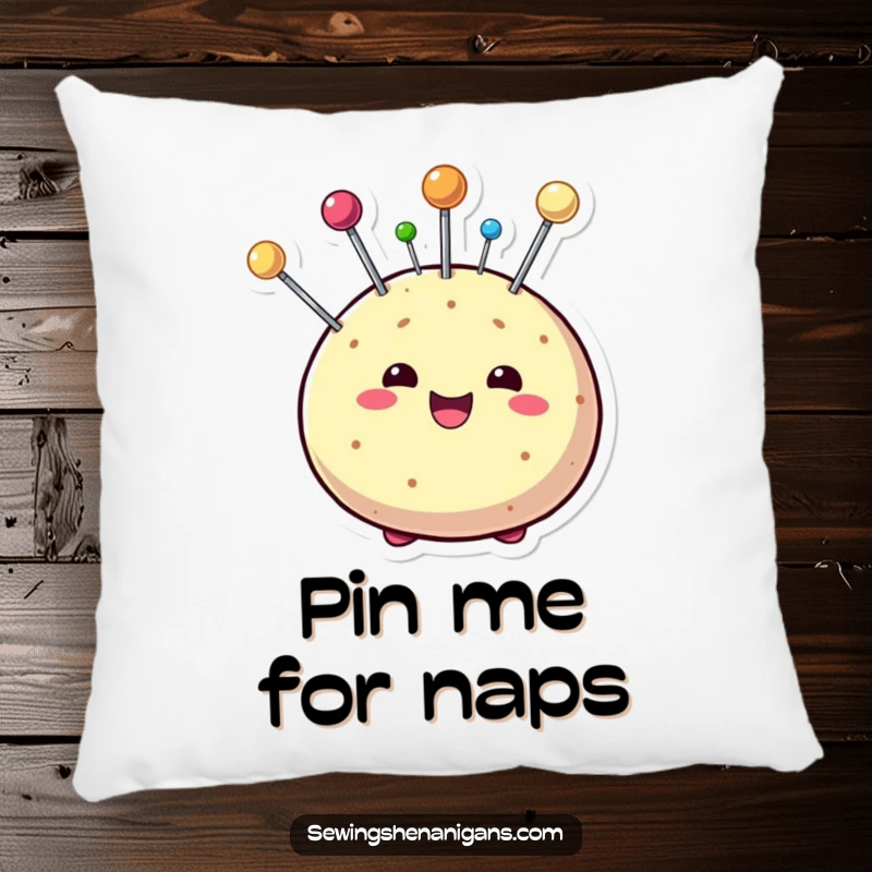 Funny pillow featuring a beaming pin cushion character with colorful pins sticking out playfully, offering soft comfort and visual delight.