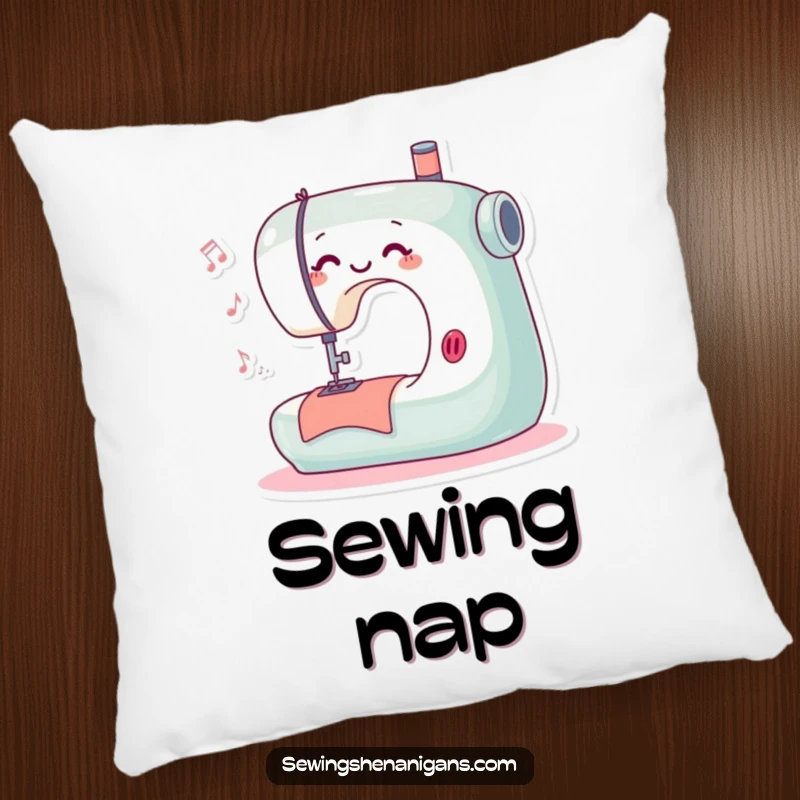 Funny pillow featuring a playful sewing machine character happily stitching and humming, providing comfort and a touch of creative merriment.